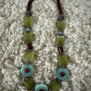 Natural Gemstone Beaded Necklace 925 Silver Jade Green Serpentine Turquoise